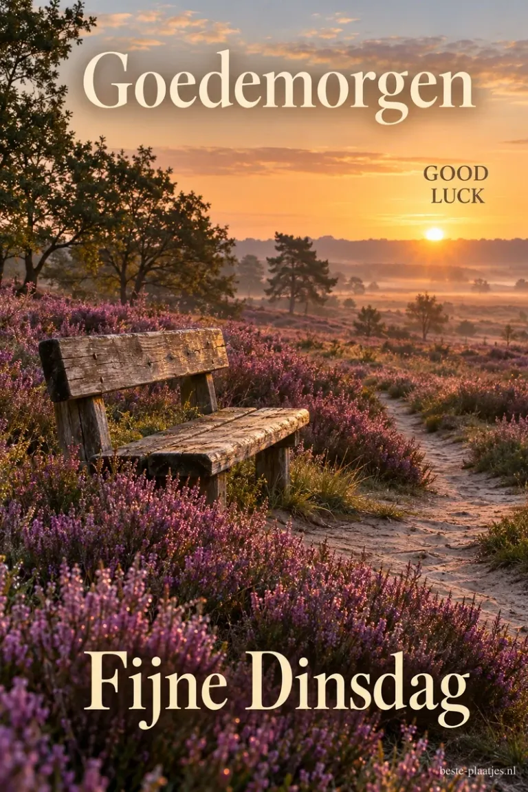Een houten bank staat naast een zandpad tussen paarse heide bij zonsopkomst, met de teksten Goedemorgen, GOOD LUCK en Fijne Dinsdag.