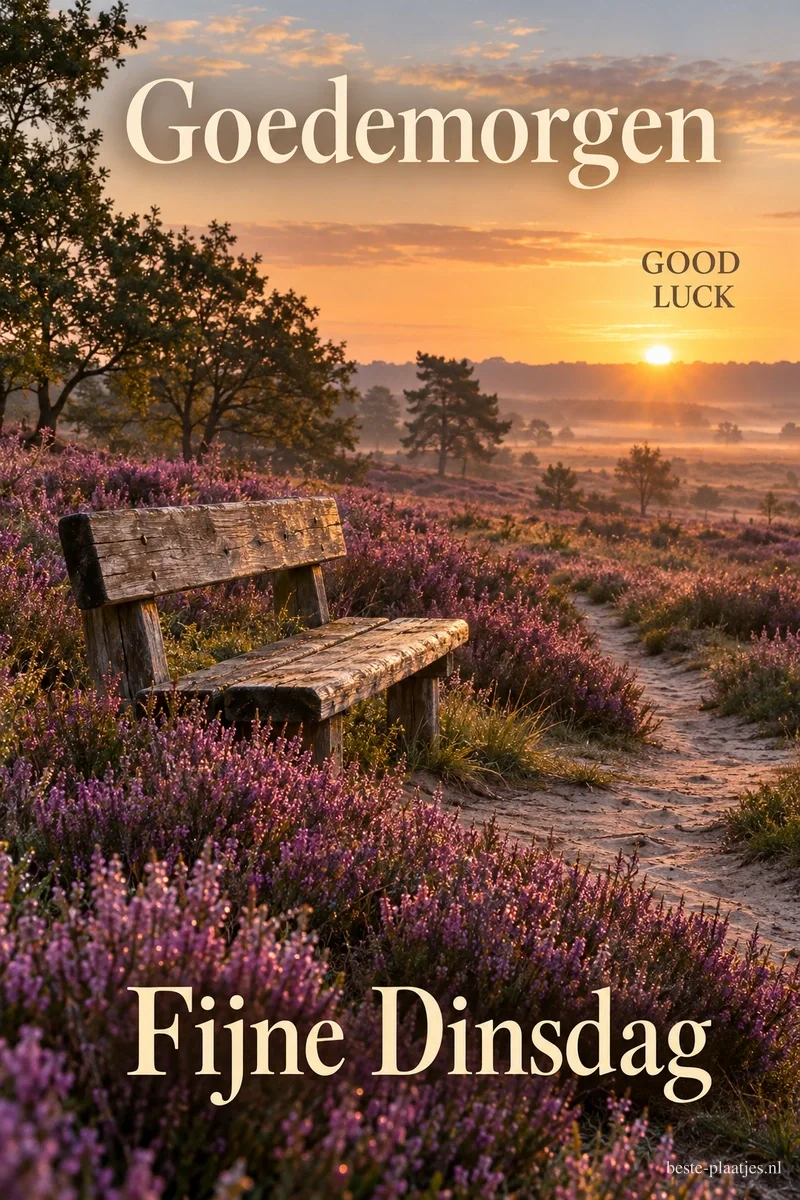 Een houten bank staat naast een zandpad tussen paarse heide bij zonsopkomst, met de teksten Goedemorgen, GOOD LUCK en Fijne Dinsdag. Een houten bank staat naast een zandpad tussen paarse heide bij zonsopkomst, met de teksten Goedemorgen, GOOD LUCK en Fijne Dinsdag.