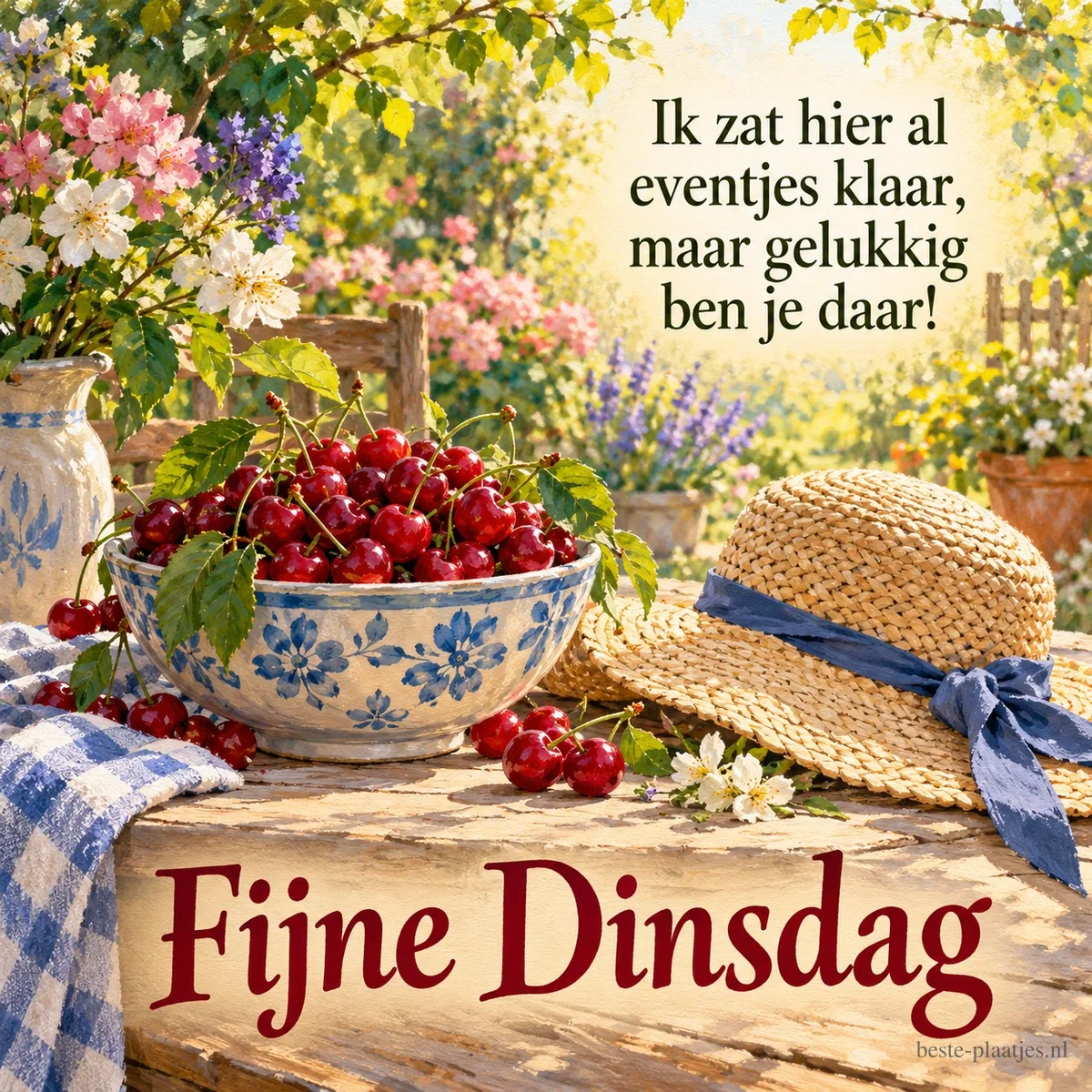 Een blauw-witte schaal vol kersen en een strohoed met blauw lint op een zonnige tuintafel, met de tekst Ik zat hier al eventjes klaar, maar gelukkig ben je daar! en Fijne Dinsdag. Een blauw-witte schaal vol kersen en een strohoed met blauw lint op een zonnige tuintafel, met de tekst Ik zat hier al eventjes klaar, maar gelukkig ben je daar! en Fijne Dinsdag.