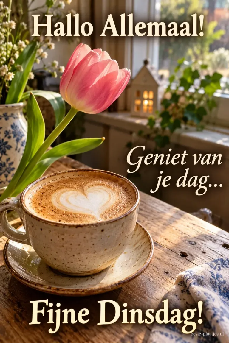 Een cappuccino met een hart in het melkschuim staat naast een roze tulp, met de tekst Hallo Allemaal! Geniet van je dag... Fijne Dinsdag!