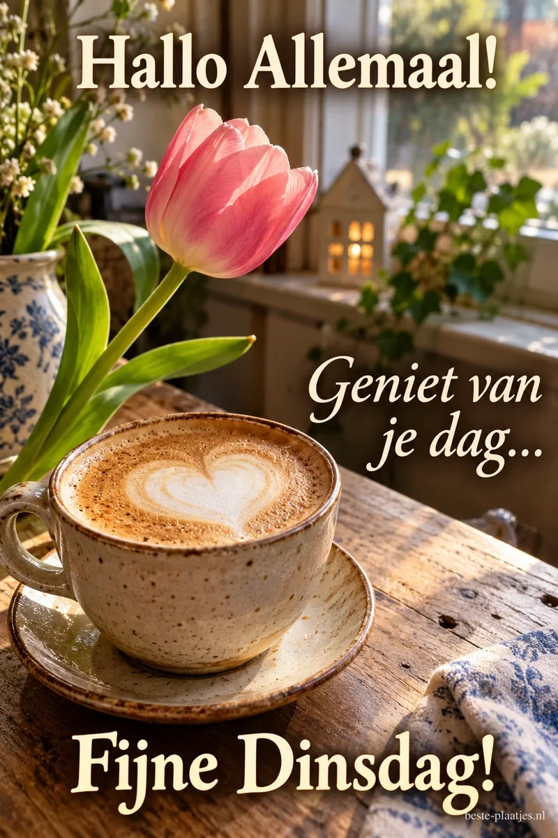 Een cappuccino met een hart in het melkschuim staat naast een roze tulp, met de tekst Hallo Allemaal! Geniet van je dag... Fijne Dinsdag! Een cappuccino met een hart in het melkschuim staat naast een roze tulp, met de tekst Hallo Allemaal! Geniet van je dag... Fijne Dinsdag!