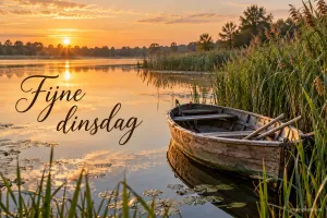 Een houten roeiboot met roeispanen ligt tussen het riet aan een meer bij opkomende zon, met links de tekst Fijne dinsdag.