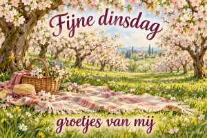 Onder fruitbomen vol bloesem liggen een picknickkleed, een mand en een strohoed tussen de bloemen, met de tekst Fijne dinsdag groetjes van mij.