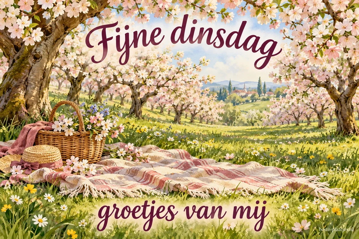 Onder fruitbomen vol bloesem liggen een picknickkleed, een mand en een strohoed tussen de bloemen, met de tekst Fijne dinsdag groetjes van mij. Onder fruitbomen vol bloesem liggen een picknickkleed, een mand en een strohoed tussen de bloemen, met de tekst Fijne dinsdag groetjes van mij.