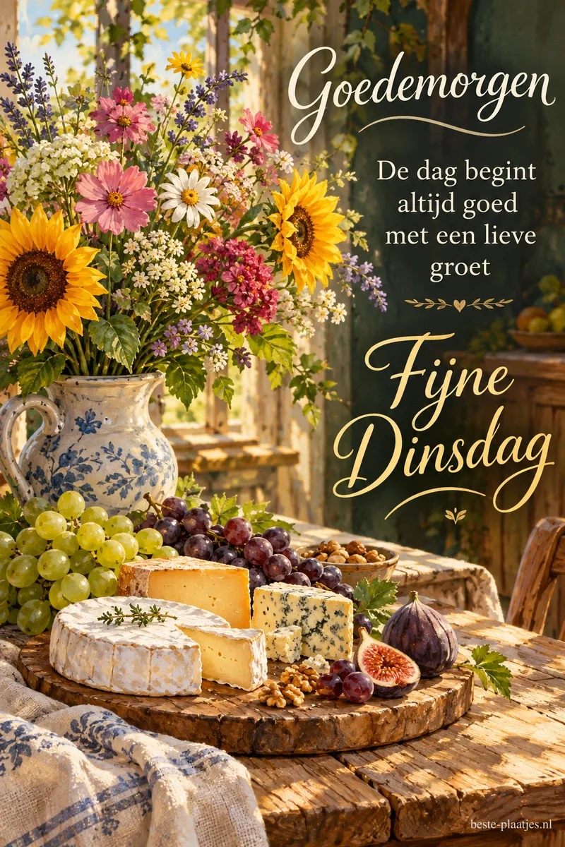 Een zonnebloem steekt uit een boeket in een beschilderde kan naast kaas en druiven, met de tekst Goedemorgen en Fijne Dinsdag. Een zonnebloem steekt uit een boeket in een beschilderde kan naast kaas en druiven, met de tekst Goedemorgen en Fijne Dinsdag.