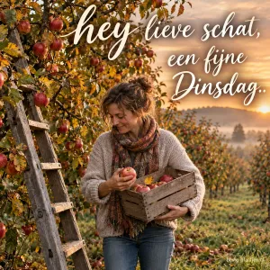 Een vrouw draagt in de herfst een kist appels naast een ladder in de boomgaard, met de tekst hey lieve schat, een fijne Dinsdag..