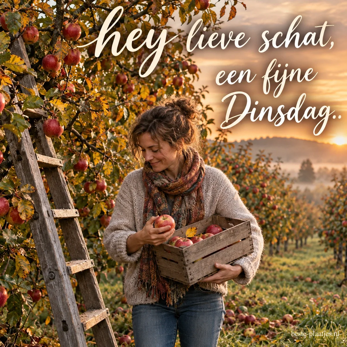 Een vrouw draagt in de herfst een kist appels naast een ladder in de boomgaard, met de tekst hey lieve schat, een fijne Dinsdag.. Een vrouw draagt in de herfst een kist appels naast een ladder in de boomgaard, met de tekst hey lieve schat, een fijne Dinsdag..