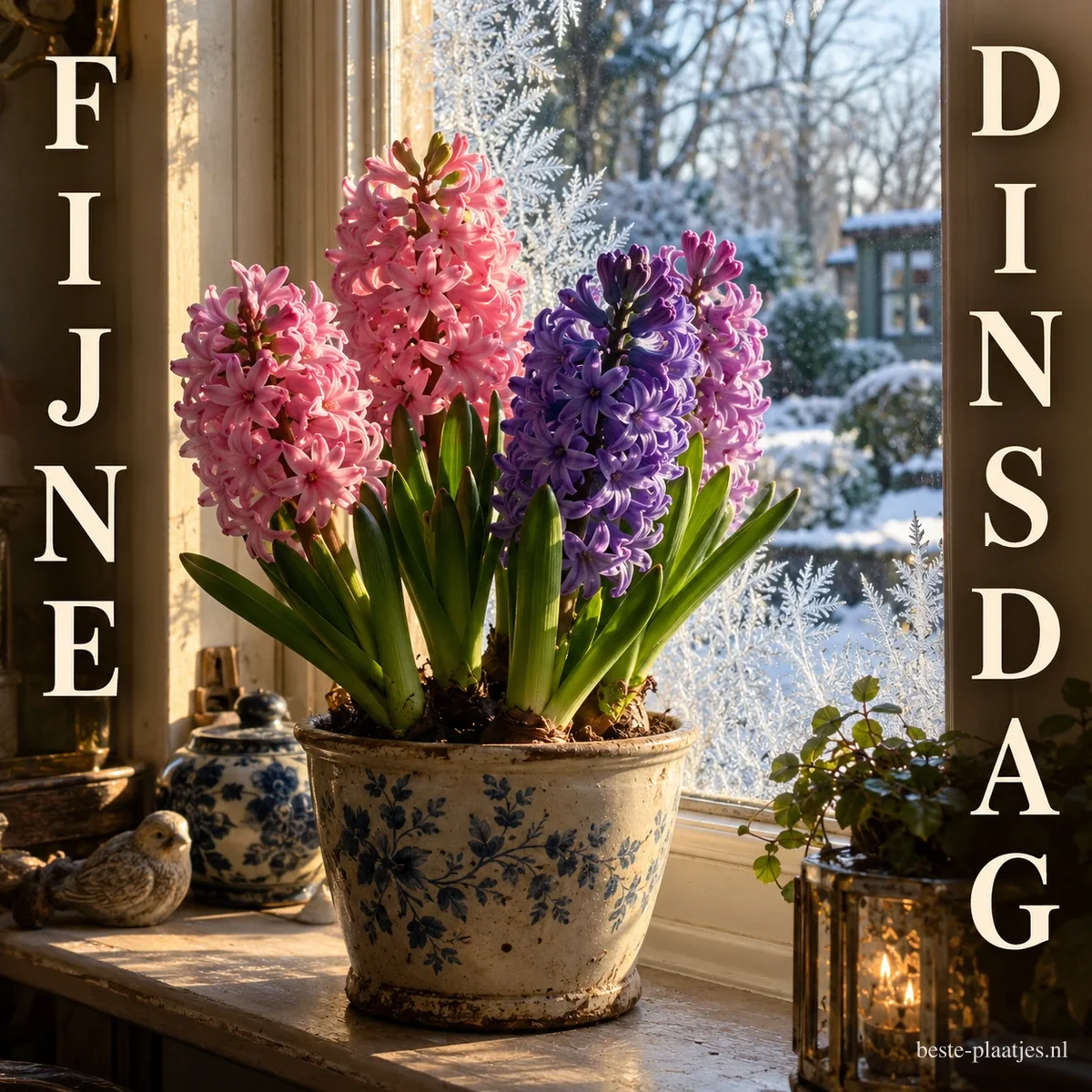Roze en paarse hyacinten in een blauw-witte pot op de vensterbank, buiten ligt sneeuw en rijp op het raam, met de tekst FIJNE DINSDAG. Roze en paarse hyacinten in een blauw-witte pot op de vensterbank, buiten ligt sneeuw en rijp op het raam, met de tekst FIJNE DINSDAG.