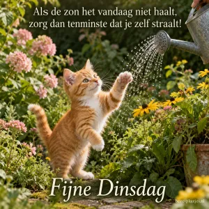 Een kat vangt gietwater in de zomer, met de tekst Als de zon het vandaag niet haalt, zorg dan tenminste dat je zelf straalt! Fijne Dinsdag.