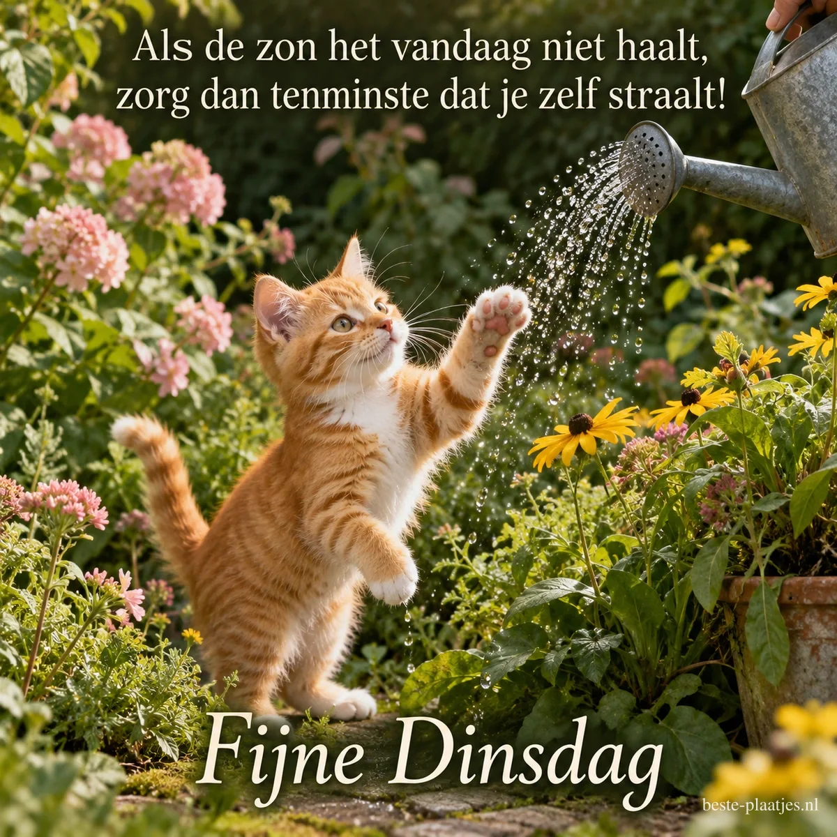Een kat vangt gietwater in de zomer, met de tekst Als de zon het vandaag niet haalt, zorg dan tenminste dat je zelf straalt! Fijne Dinsdag. Een kat vangt gietwater in de zomer, met de tekst Als de zon het vandaag niet haalt, zorg dan tenminste dat je zelf straalt! Fijne Dinsdag.