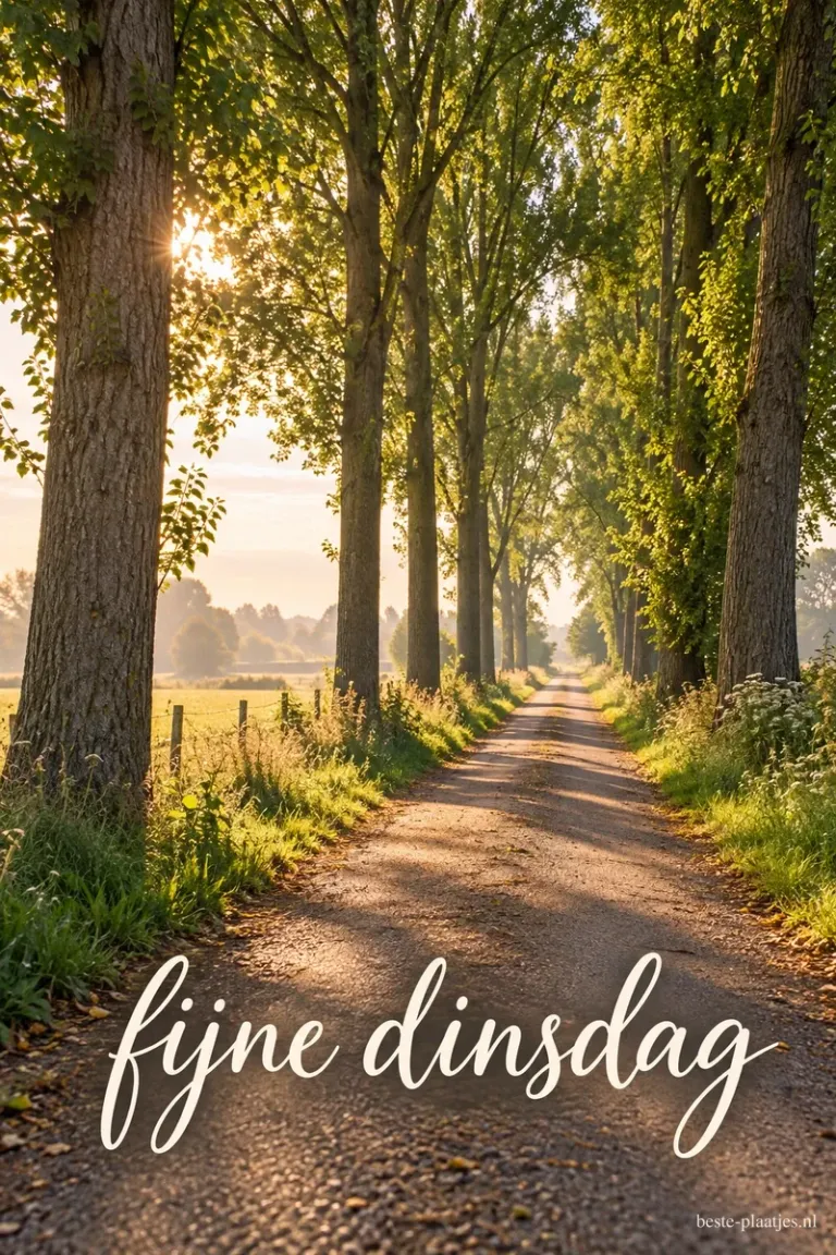 Een smalle landweg loopt tussen hoge bomen en weilanden door in het warme ochtendlicht, met onderaan de tekst fijne dinsdag.