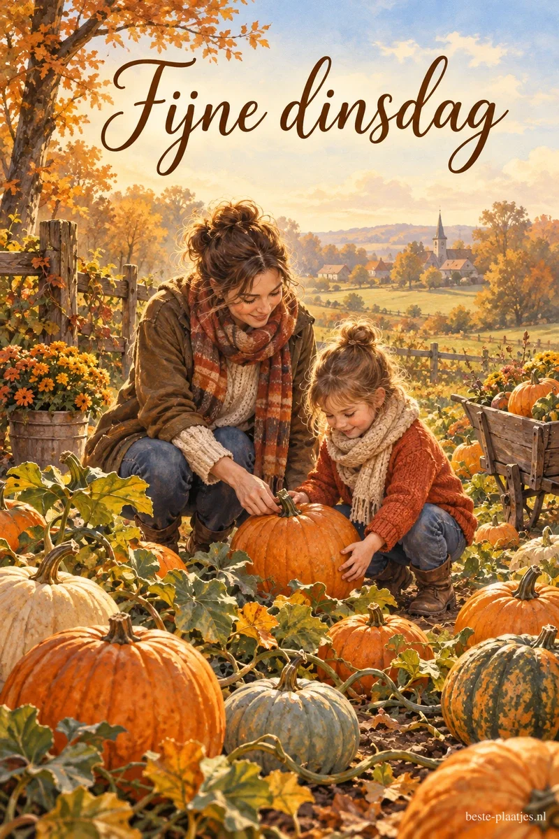 Een vrouw en een meisje knielen in de herfst bij een grote pompoen, met een dorp op de achtergrond en bovenaan Fijne dinsdag. Een vrouw en een meisje knielen in de herfst bij een grote pompoen, met een dorp op de achtergrond en bovenaan Fijne dinsdag.