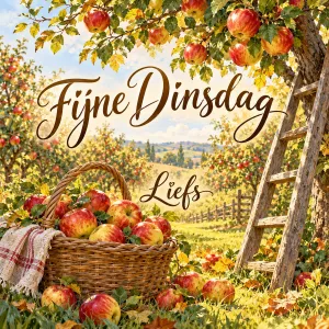 Een rieten mand vol rode appels onder een appelboom met een houten ladder in een herfstige boomgaard, met de tekst Fijne Dinsdag en Liefs.