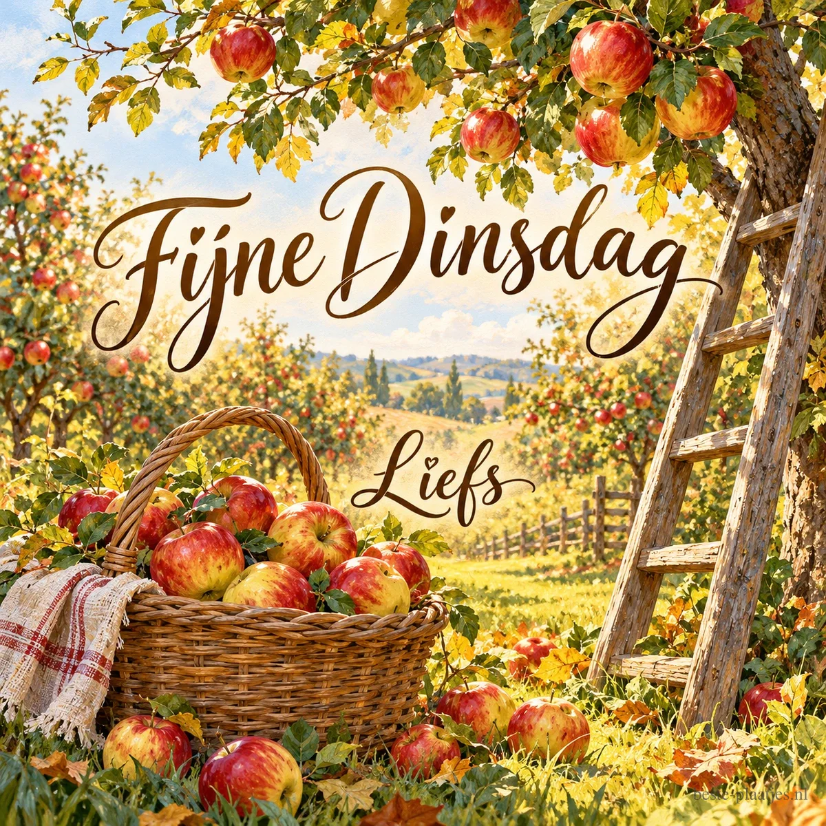 Een rieten mand vol rode appels onder een appelboom met een houten ladder in een herfstige boomgaard, met de tekst Fijne Dinsdag en Liefs. Een rieten mand vol rode appels onder een appelboom met een houten ladder in een herfstige boomgaard, met de tekst Fijne Dinsdag en Liefs.