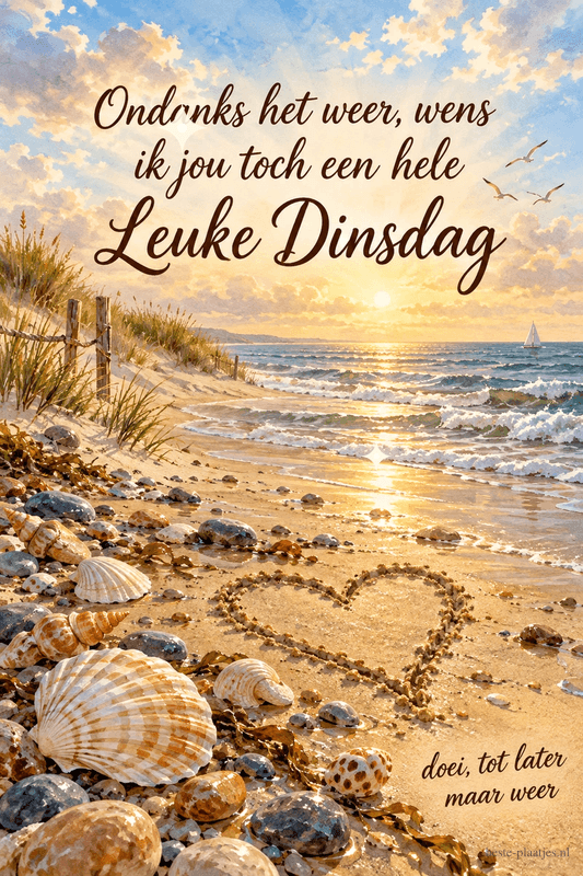 Op een strand in de zomer liggen schelpen naast een getekend hart, met de wens Ondanks het weer, wens ik jou toch een hele Leuke Dinsdag.