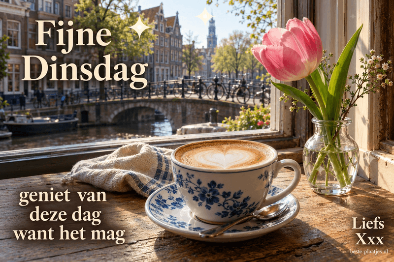 Een kop koffie staat naast een roze tulp bij een gracht, met de tekst Fijne Dinsdag en geniet van deze dag want het mag. Een kop koffie staat naast een roze tulp bij een gracht, met de tekst Fijne Dinsdag en geniet van deze dag want het mag.