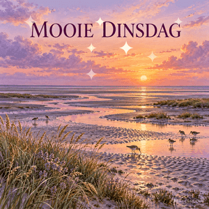 Vogels lopen in de zomer langs ondiepe geulen op het wad, onder een roze en paarse lucht met bovenaan de tekst Mooie Dinsdag.