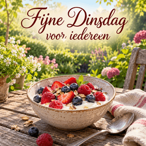 Een kom yoghurt met frambozen, bosbessen en aardbeien op een houten tuintafel in de zon, met de tekst Fijne Dinsdag voor iedereen.
