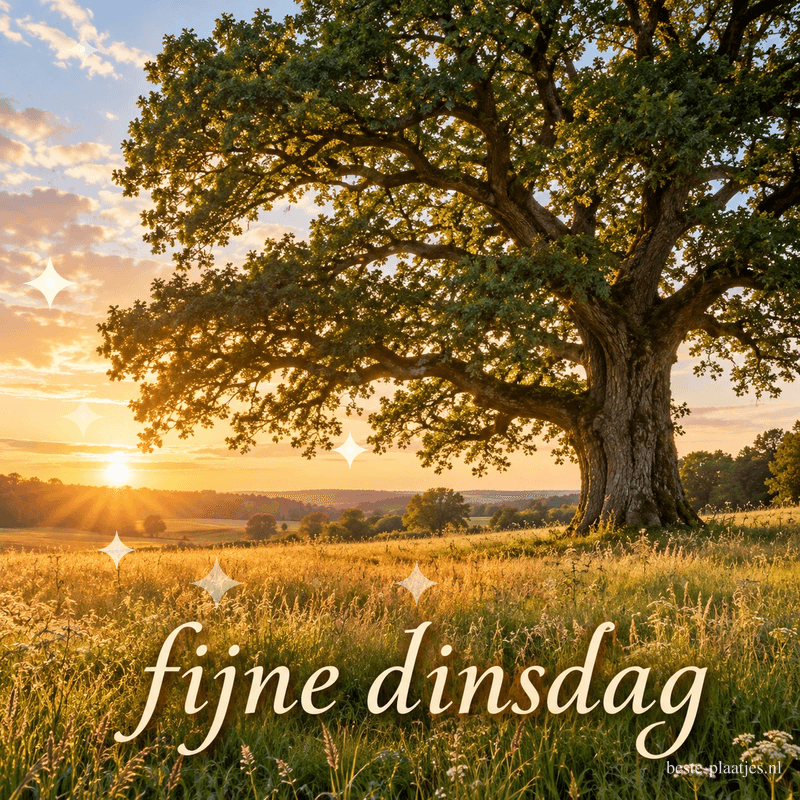 Een grote eik in een grasland met wilde bloemen, de zon komt laag op achter de boom, met de tekst fijne dinsdag. Een grote eik in een grasland met wilde bloemen, de zon komt laag op achter de boom, met de tekst fijne dinsdag.