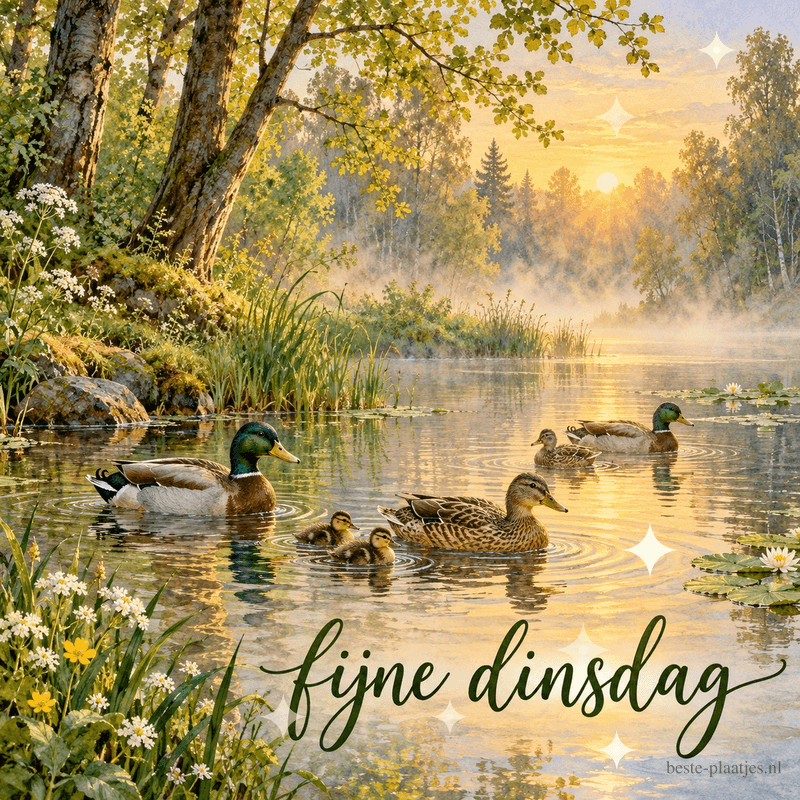 Eenden en kuikens zwemmen op een mistige vijver bij zonsopkomst, met onderaan de tekst fijne dinsdag. Eenden en kuikens zwemmen op een mistige vijver bij zonsopkomst, met onderaan de tekst fijne dinsdag.