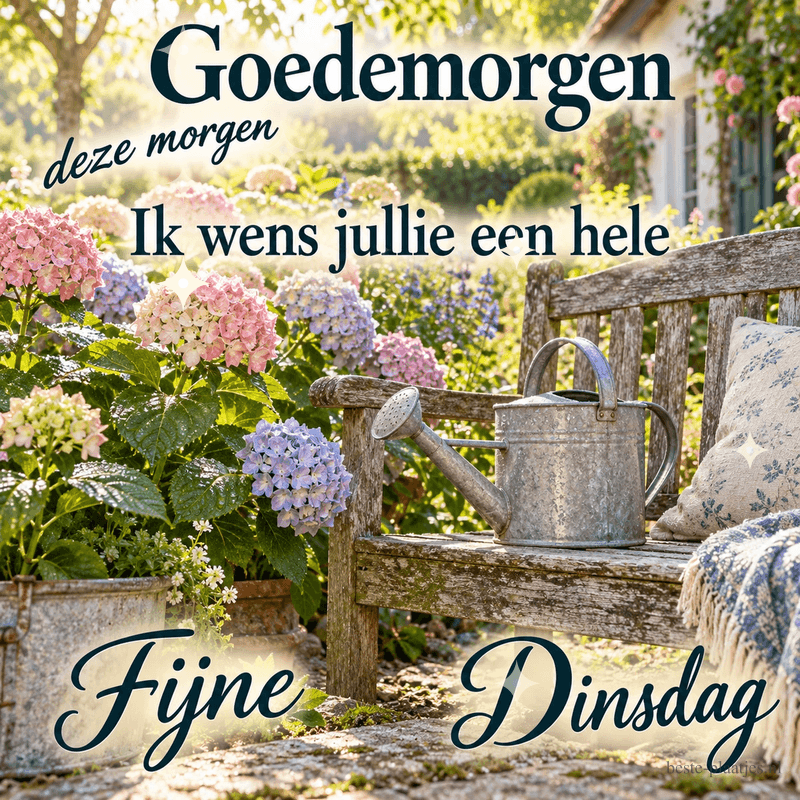 Een gieter staat tussen bloemen langs een tuinpad bij een bakstenen huis in de lente, met de tekst Goedemorgen en de wens Fijne Dinsdag. Een gieter staat tussen bloemen langs een tuinpad bij een bakstenen huis in de lente, met de tekst Goedemorgen en de wens Fijne Dinsdag.