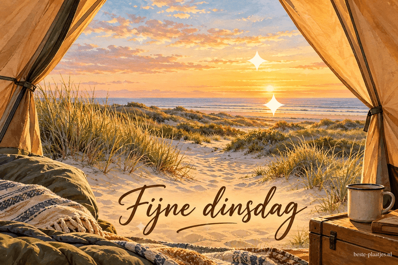 Een open tent biedt uitzicht op duinen en zee tijdens een zonsopkomst in de zomer, met een mok rechts en de tekst Fijne dinsdag onderaan. Een open tent biedt uitzicht op duinen en zee tijdens een zonsopkomst in de zomer, met een mok rechts en de tekst Fijne dinsdag onderaan.