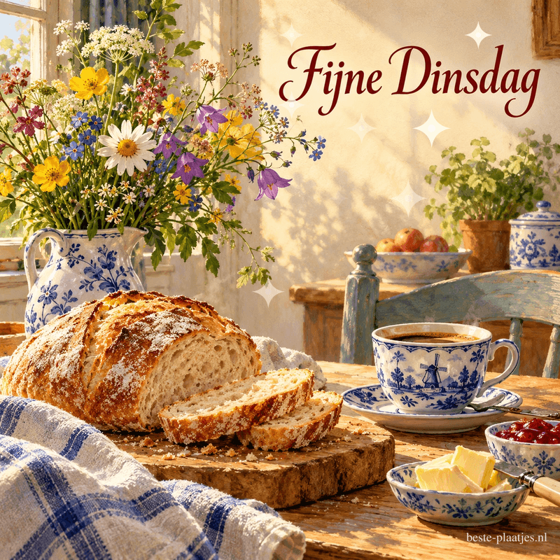 Een rustieke ontbijttafel draagt vers brood, boter, jam en een blauw versierd koffiekopje, naast een bloemenboeket en de tekst Fijne Dinsdag. Een rustieke ontbijttafel draagt vers brood, boter, jam en een blauw versierd koffiekopje, naast een bloemenboeket en de tekst Fijne Dinsdag.