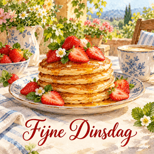 Een stapel pannenkoeken met verse aardbeien en stroop op een bord met blauwe bloemen, op een zonnig terras, met de tekst Fijne Dinsdag.