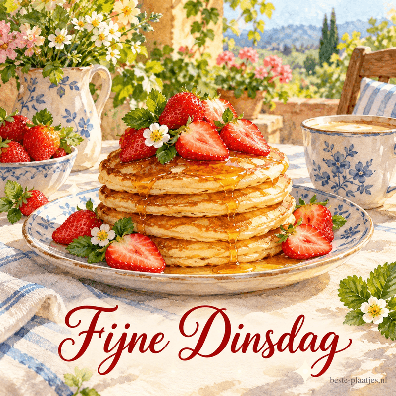 Een stapel pannenkoeken met verse aardbeien en stroop op een bord met blauwe bloemen, op een zonnig terras, met de tekst Fijne Dinsdag. Een stapel pannenkoeken met verse aardbeien en stroop op een bord met blauwe bloemen, op een zonnig terras, met de tekst Fijne Dinsdag.
