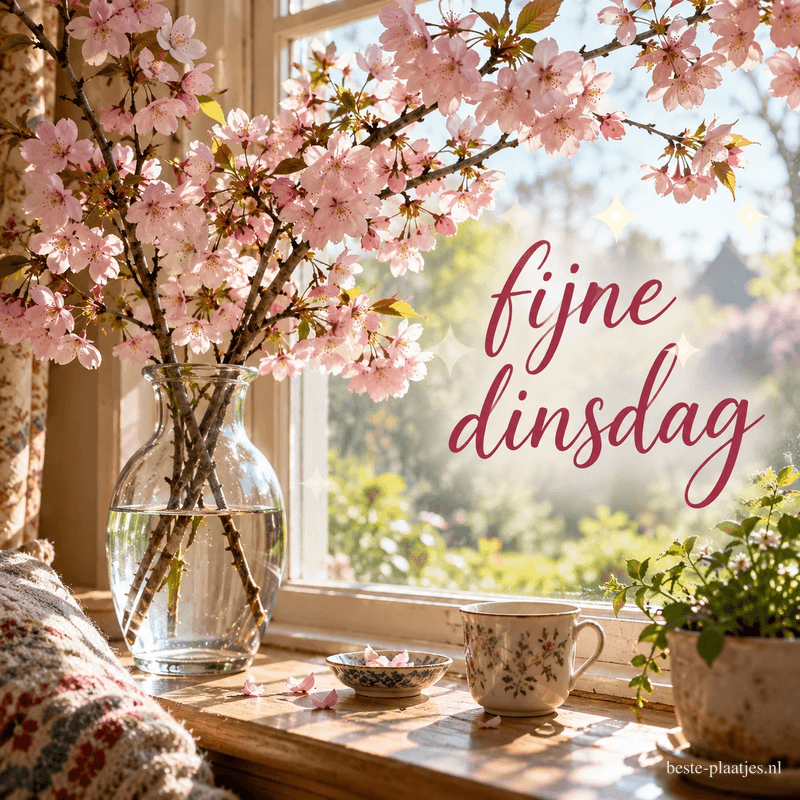 Een glazen vaas met roze bloesem staat naast een gebloemd kopje op de vensterbank, met de tekst fijne dinsdag. Een glazen vaas met roze bloesem staat naast een gebloemd kopje op de vensterbank, met de tekst fijne dinsdag.
