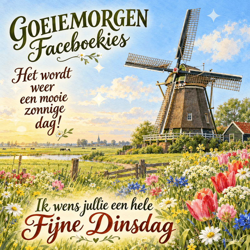 Een windmolen staat tussen weilanden en kleurrijke tulpen in de lente, met de teksten GOEIEMORGEN Facebookies en Ik wens jullie een hele Fijne Dinsdag. Een windmolen staat tussen weilanden en kleurrijke tulpen in de lente, met de teksten GOEIEMORGEN Facebookies en Ik wens jullie een hele Fijne Dinsdag.