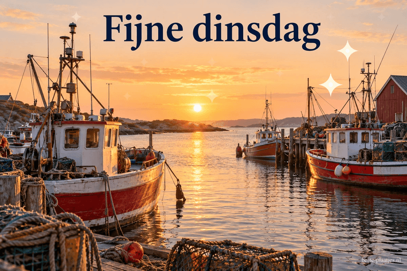 Rood-witte vissersboten in een rustig haventje met kreeftenfuiken op de kade bij zonsopkomst, met de tekst Fijne dinsdag. Rood-witte vissersboten in een rustig haventje met kreeftenfuiken op de kade bij zonsopkomst, met de tekst Fijne dinsdag.