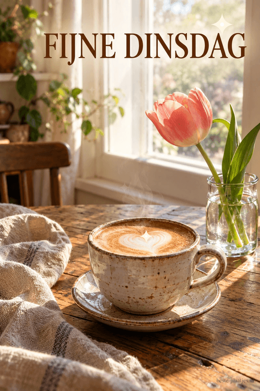 Een kop koffie staat naast een roze tulp op een zonnige houten tafel, met de tekst FIJNE DINSDAG. Een kop koffie staat naast een roze tulp op een zonnige houten tafel, met de tekst FIJNE DINSDAG.