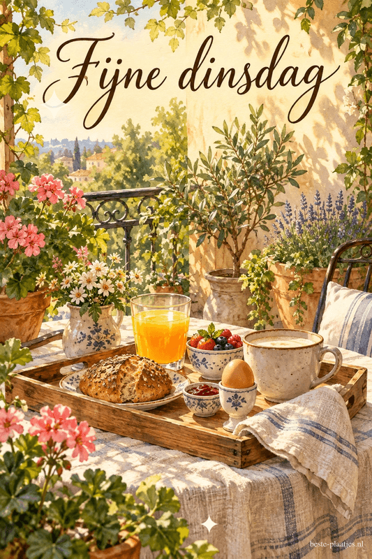 Op een balkon in de zomer staat een ontbijt met brood, fruit, koffie en sinaasappelsap tussen bloempotten, onder de tekst Fijne dinsdag.