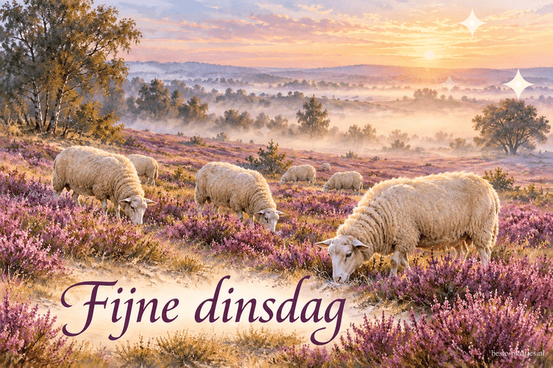Een kudde schapen graast op een paarse heide met mist en berken in het ochtendlicht, met de tekst Fijne dinsdag. Een kudde schapen graast op een paarse heide met mist en berken in het ochtendlicht, met de tekst Fijne dinsdag.