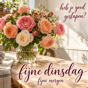 Roze, perzikkleurige en crèmekleurige rozen staan in een glazen vaas op een houten tafel, met de teksten heb je goed geslapen?, fijne dinsdag en fijne morgen.