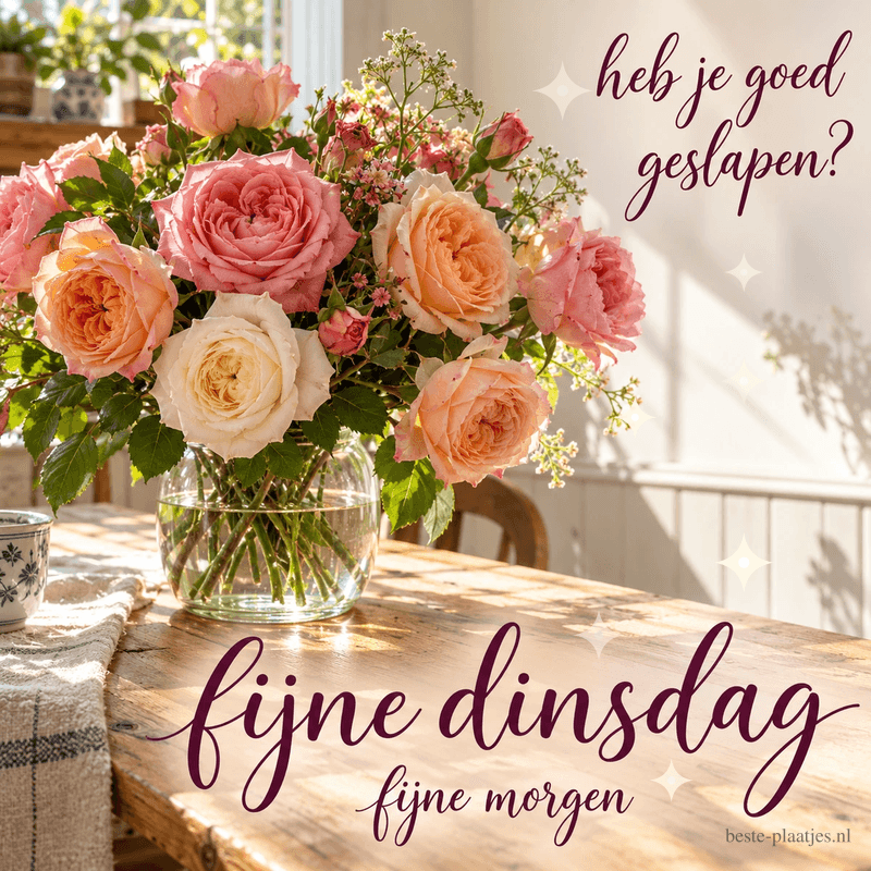 Roze, perzikkleurige en crèmekleurige rozen staan in een glazen vaas op een houten tafel, met de teksten heb je goed geslapen?, fijne dinsdag en fijne morgen. Roze, perzikkleurige en crèmekleurige rozen staan in een glazen vaas op een houten tafel, met de teksten heb je goed geslapen?, fijne dinsdag en fijne morgen.