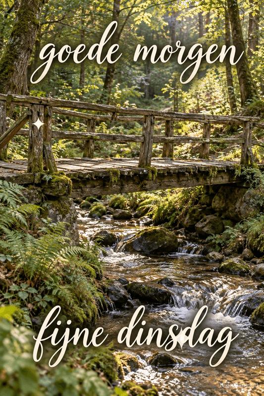 Een houten brug ligt boven een heldere beek in een groen bos vol varens en mos, met de tekst goede morgen fijne dinsdag. Een houten brug ligt boven een heldere beek in een groen bos vol varens en mos, met de tekst goede morgen fijne dinsdag.