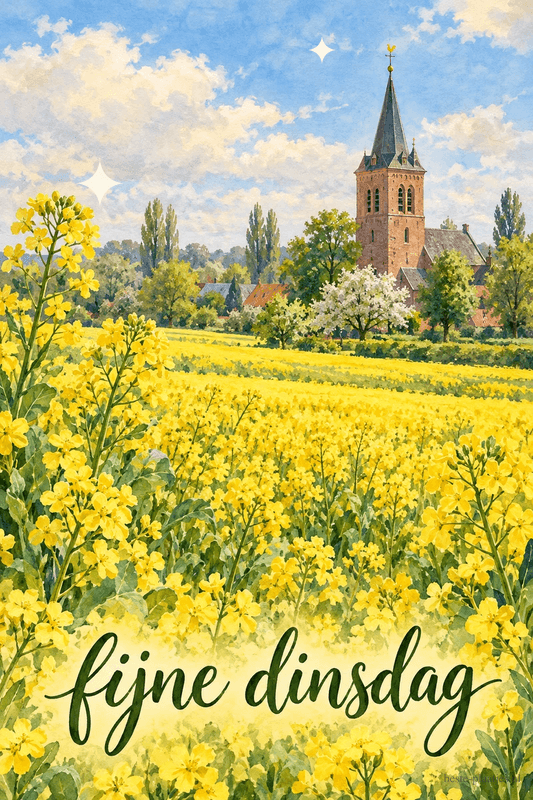 Een geschilderd veld vol gele bloemen ligt in de lente voor een dorp met een hoge kerktoren en bloeiende bomen, met onderaan fijne dinsdag.