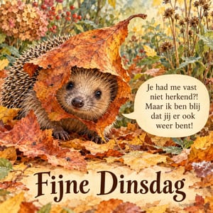 Een egel onder een herfstblad, met herfst en de tekst Je had me vast niet herkend?! Maar ik ben blij dat jij er ook weer bent! Fijne Dinsdag.