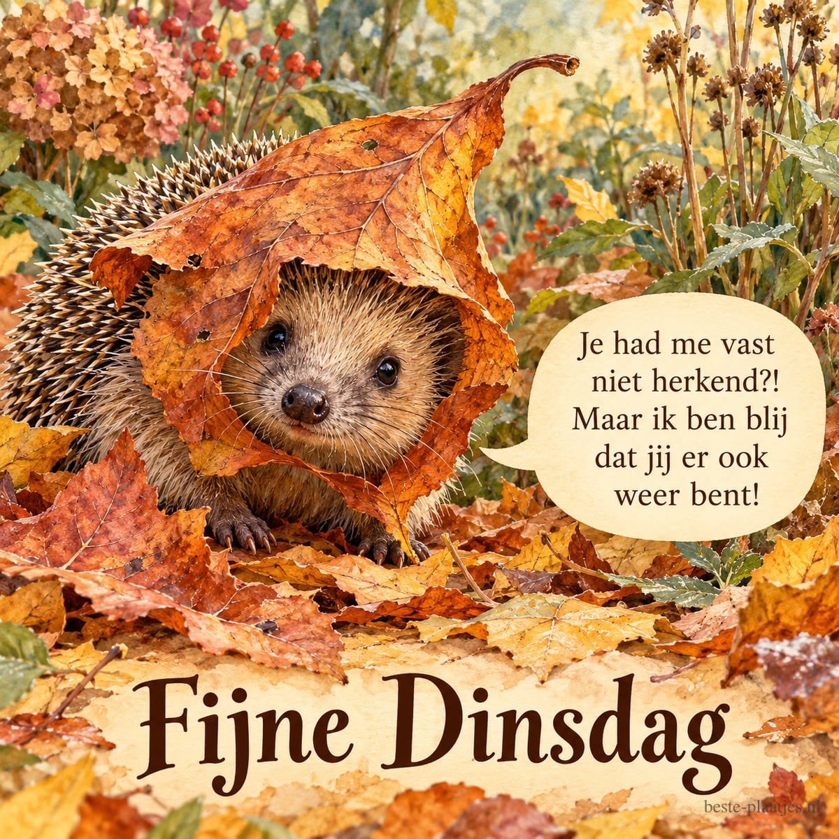 Een egel onder een herfstblad, met herfst en de tekst Je had me vast niet herkend?! Maar ik ben blij dat jij er ook weer bent! Fijne Dinsdag.