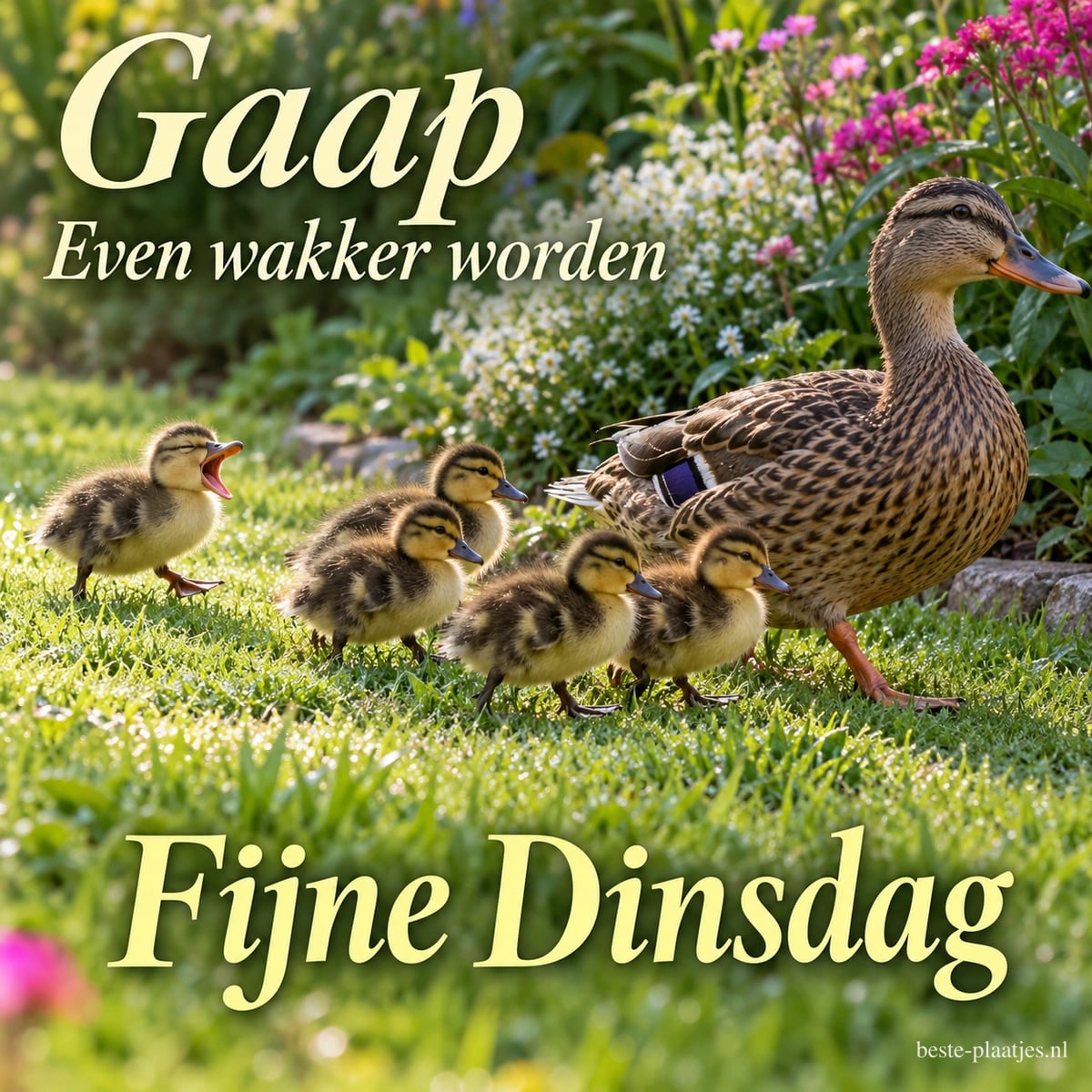 Een eend loopt met vijf kuikens door een bloemrijke tuin, terwijl het achterste kuiken zijn snavel openspert, met de tekst Gaap Even wakker worden Fijne Dinsdag.