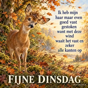 Een ree met een vastgespelde pluk haar staat in een bos vol dwarrelende bladeren in de herfst, met de tekst FIJNE DINSDAG.