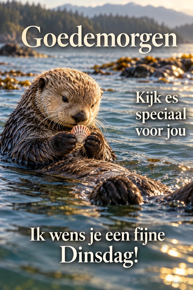 Een zeeotter houdt een schelp vast terwijl hij op het water drijft, met de tekst Goedemorgen en Ik wens je een fijne Dinsdag!