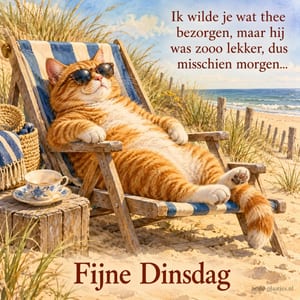 Een rode kat met zonnebril ontspant tijdens de zomer in een strandstoel naast een kopje thee, met de tekst Fijne Dinsdag en een grap over thee.