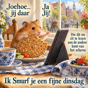 Een hamster houdt een cracker vast en zwaait naar een tablet op een ontbijttafel, met de tekst Ik Smurf je een fijne dinsdag.