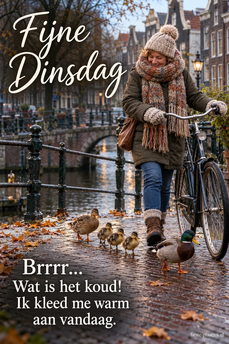 Een vrouw met muts en sjaal loopt met haar fiets langs eenden bij de gracht in de herfst, met de tekst Fijne Dinsdag en Wat is het koud! Een vrouw met muts en sjaal loopt met haar fiets langs eenden bij de gracht in de herfst, met de tekst Fijne Dinsdag en Wat is het koud!