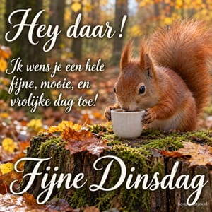 Een eekhoorn drinkt uit een kopje op een boomstronk in de herfst, met de tekst Hey daar! en Fijne Dinsdag.