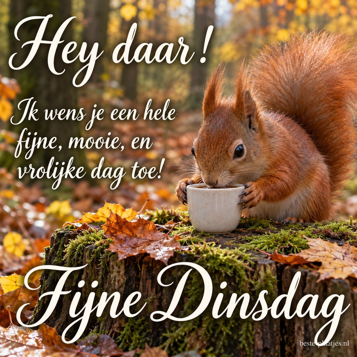 Een eekhoorn drinkt uit een kopje op een boomstronk in de herfst, met de tekst Hey daar! en Fijne Dinsdag.