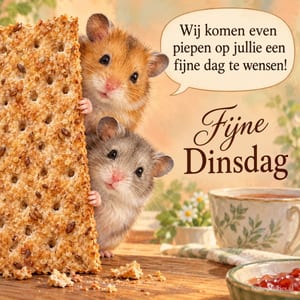 Twee hamsters gluren achter een grote cracker vandaan op een houten tafel met thee en jam, naast een tekstballon en de groet Fijne Dinsdag.